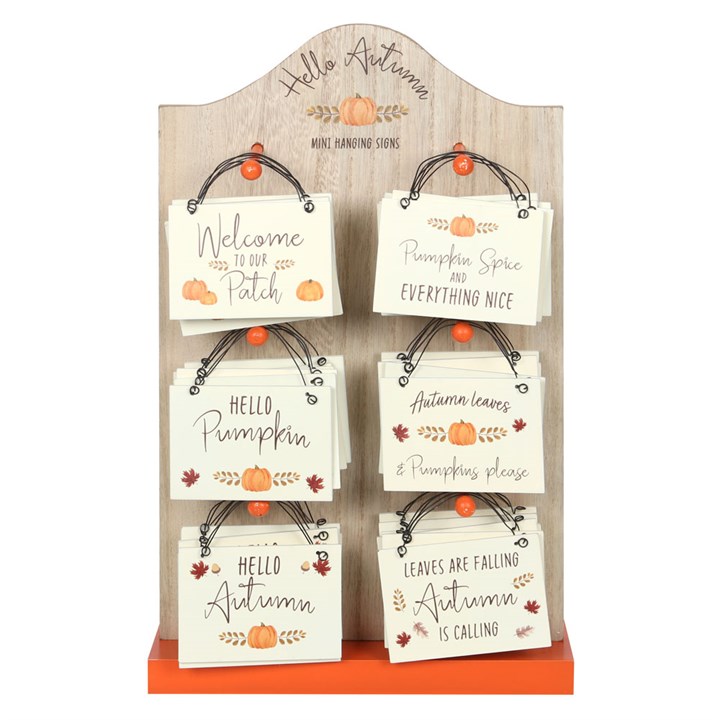 Set of 30 Hello Autumn Mini Hanging Signs on a Display Set of 30 Hello Autumn Mini Hanging Signs on a Display
