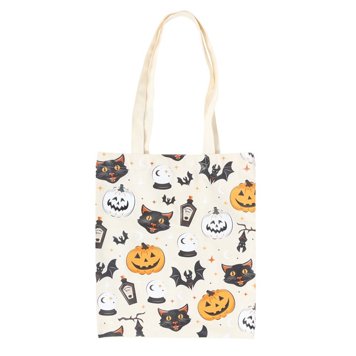 Spooky Cat and Pumpkin Print Polycotton Tote Bag Spooky Cat and Pumpkin Print Polycotton Tote Bag
