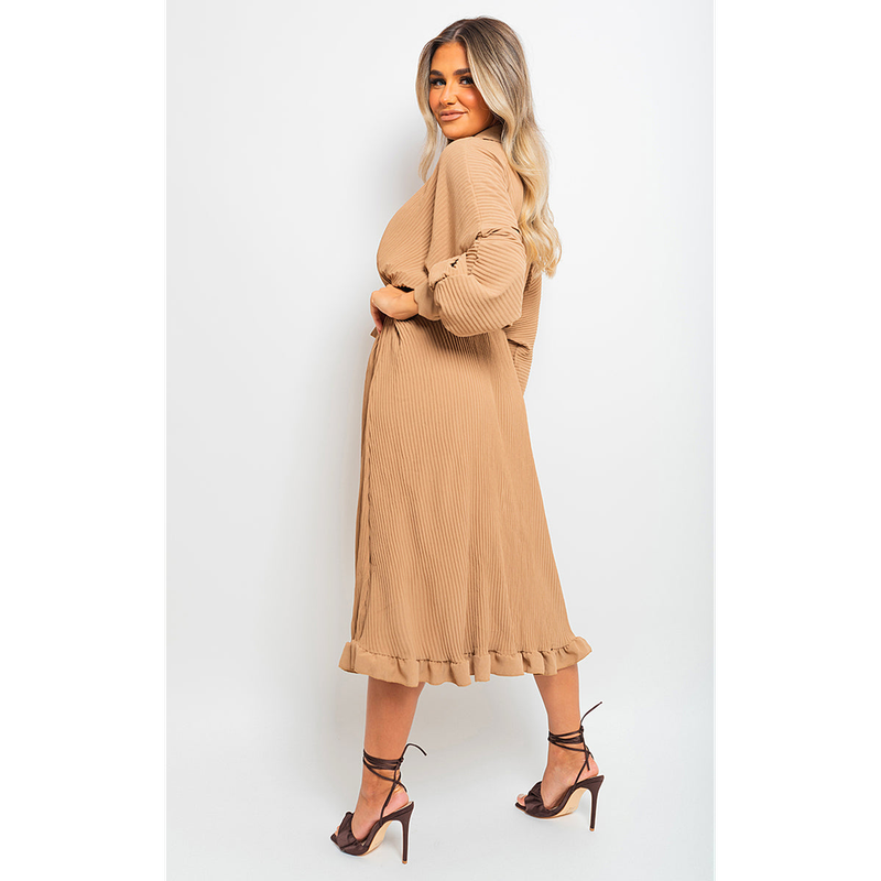 Pleated Frill Button Tie Waist Midi Dress Pleated Frill Button Tie Waist Midi Dress - Image 2