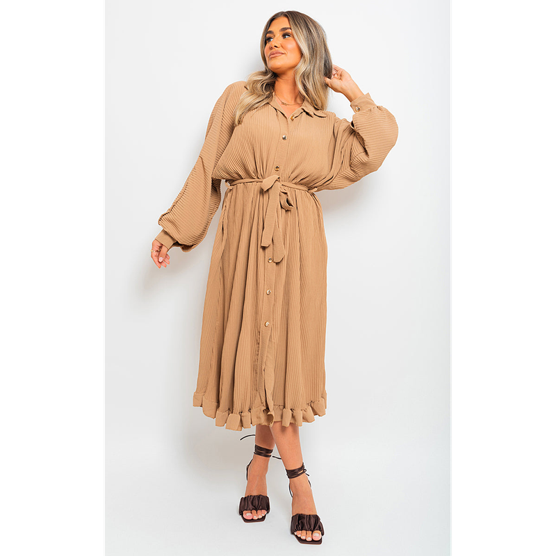 Pleated Frill Button Tie Waist Midi Dress Pleated Frill Button Tie Waist Midi Dress - Image 3