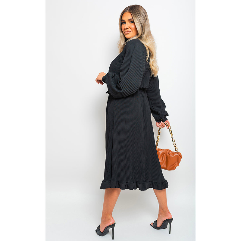 Pleated Frill Button Tie Waist Midi Dress Pleated Frill Button Tie Waist Midi Dress - Image 5