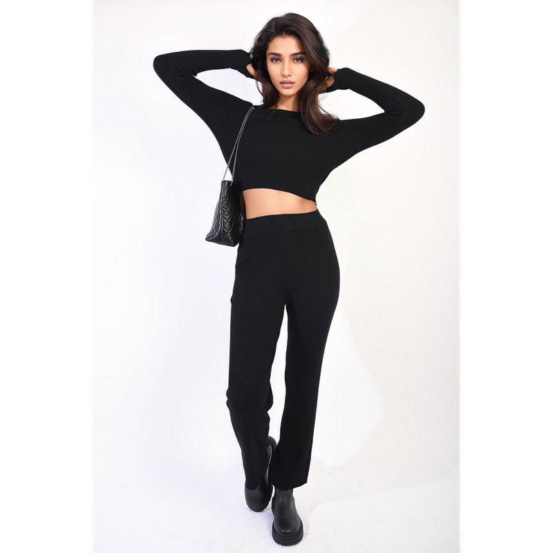 Knitted Long Sleeves Cropped Off Shoulder Top and Trousers Co-ord Set Knitted Long Sleeves Cropped Off Shoulder Top and Trousers Co-ord Set - Image 4