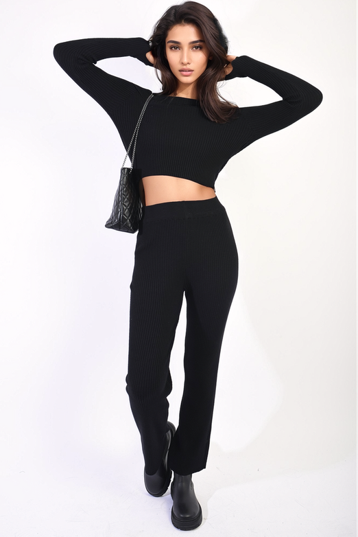 Knitted Long Sleeves Cropped Off Shoulder Top and Trousers Co-ord Set Knitted Long Sleeves Cropped Off Shoulder Top and Trousers Co-ord Set - Image 2