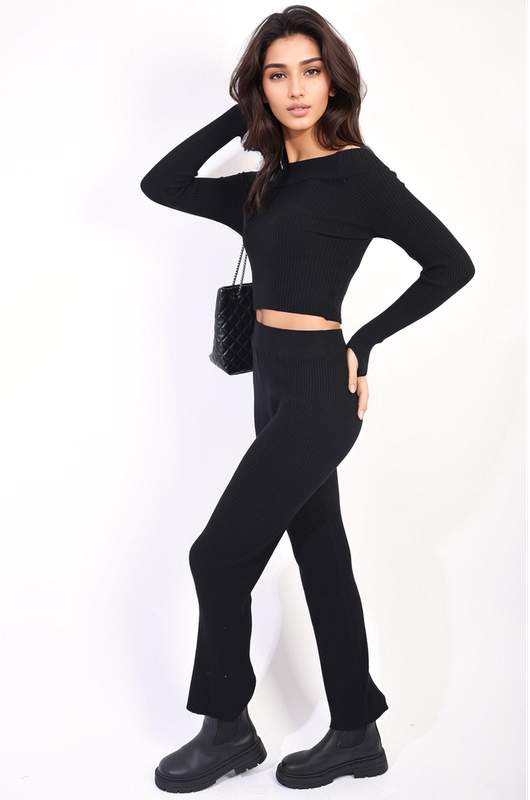 Knitted Long Sleeves Cropped Off Shoulder Top and Trousers Co-ord Set Knitted Long Sleeves Cropped Off Shoulder Top and Trousers Co-ord Set