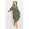 Button Down Pull Up Sleeve Midi Dress with Front Pocket