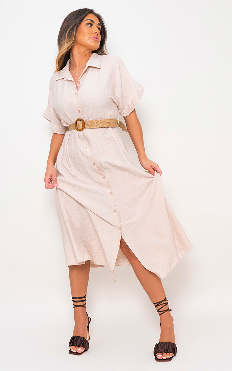 Button Down Collared Short Sleeve Midi Dress with Belt Detail Button Down Collared Short Sleeve Midi Dress with Belt Detail