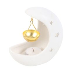 Alternative view of White Crescent Moon Hanging Oil Burner with Gold Dish