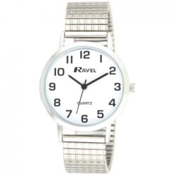 Ravel Mens Basic Classic Easy Read Silver / White Expander Bracelet Watch