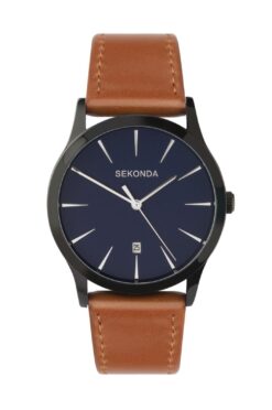 Sekonda Mens Quartz Dated Blue Dial Brown Leather Strap Watch