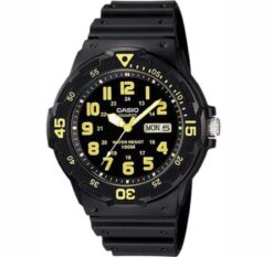 Casio Mens Day Date Yellow Number & Black Rubber Strap Watch