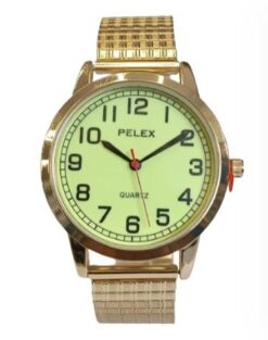 Pelex Mens Big number Gold Case Night Glow Dial Gold Bracelet Strap Quartz Watch