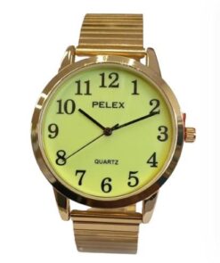 Pelex Mens Big number Gold Case Night Glow Dial Gold Bracelet Strap Quartz Watch