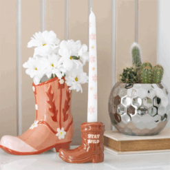 Brown Cowboy Boot Candle Holder with Taper Candle