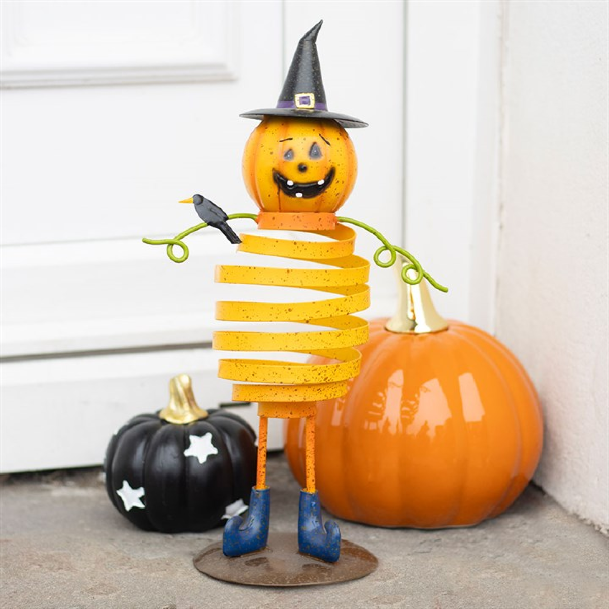 Orange Metal Pumpkin Man Ornament with Spring Body Orange Metal Pumpkin Man Ornament with Spring Body