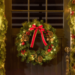 Alternative view of 60cm Pre-Lit Artificial Christmas Door Wreath with Holly, LED Lights, and Pine Cones Hanging Décor