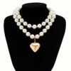 Oversized Metal Peach Heart Pendant Necklace & Pearl Beaded Choker for Women