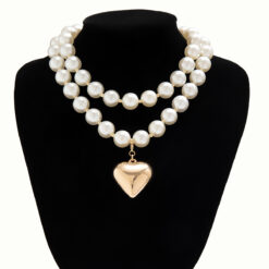 Oversized Metal Peach Heart Pendant Necklace & Pearl Beaded Choker for Women