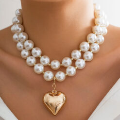 Alternative view of Oversized Metal Peach Heart Pendant Necklace & Pearl Beaded Choker for Women