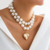 Oversized Metal Peach Heart Pendant Necklace & Pearl Beaded Choker for Women