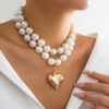Oversized Metal Peach Heart Pendant Necklace & Pearl Beaded Choker for Women