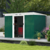 Green Metal Garden Shed with Sliding Doors and Ventilation – Outdoor Storage Unit”