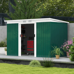Green Metal Garden Shed with Sliding Doors and Ventilation – Outdoor Storage Unit”