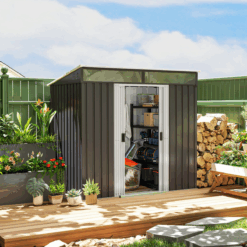 Large Galvanised Steel Garden Storage Shed with Sliding Doors – Weather-Resistant Outdoor Tool Organiser (Grey)