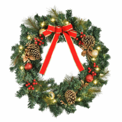 60cm Pre-Lit Artificial Christmas Door Wreath with Holly, LED Lights, and Pine Cones Hanging Décor