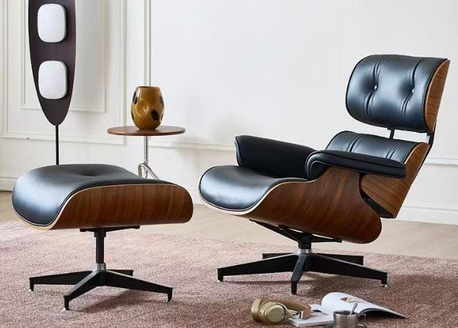 Eames Replica Black Leather Chair & Stool Eames Replica Black Leather Chair & Stool - Image 2