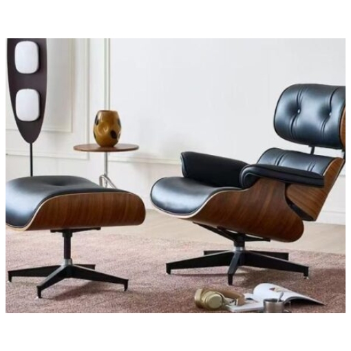 Eames Replica Black Leather Chair & Stool Eames Replica Black Leather Chair & Stool
