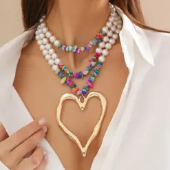 Alternative view of Elegant Heart Pendant Choker Necklace – Multilayer Pearl Chain for Women