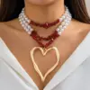 Elegant Heart Pendant Choker Necklace – Multilayer Pearl Chain for Women