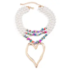 Elegant Heart Pendant Choker Necklace – Multilayer Pearl Chain for Women