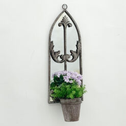 64cm Rustic Arched Wall Mirror with Single Planter – Grey
