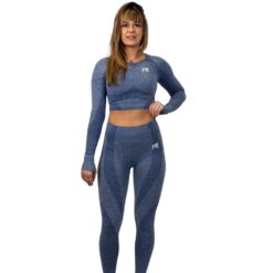 Seamless Activewear Set – Navy (Leggings & Long Sleeve Crop Top)