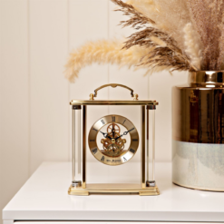 Alternative view of Gold Skeleton Mantel Clock with Handle and Visible Movement