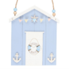 Blue Beach Hut Hanging Decoration with Life Ring – Coastal Wall Ornament