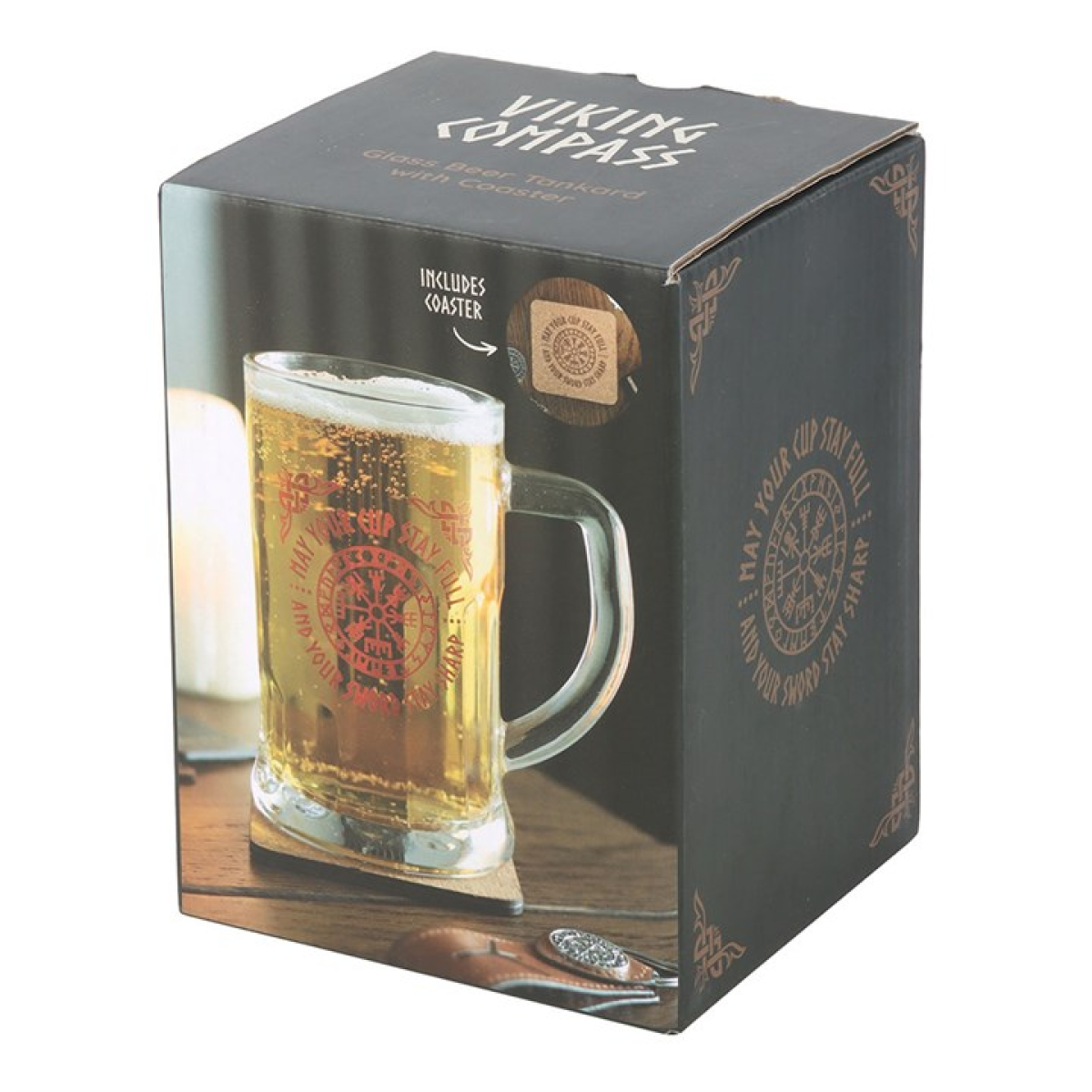 Viking Compass Glass Beer Tankard with Coaster Viking Compass Glass Beer Tankard with Coaster - Image 4