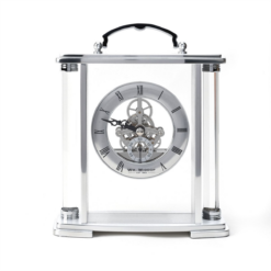 Silver Skeleton Mantel Clock with Handle and Visible Movement