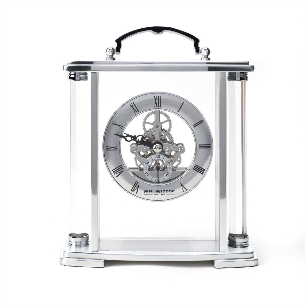 Silver Skeleton Mantel Clock with Handle and Visible Movement Silver Skeleton Mantel Clock with Handle and Visible Movement