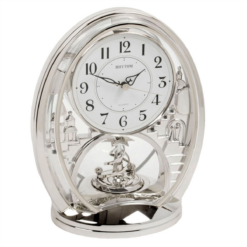 Oval Silver Mantel Clock with Arabic Dial and Rotating Pendulum