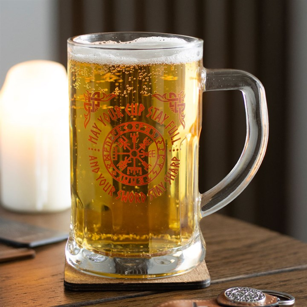 Viking Compass Glass Beer Tankard with Coaster Viking Compass Glass Beer Tankard with Coaster