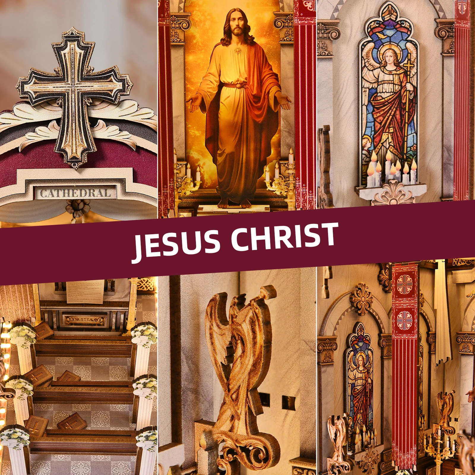 DIY Book Nook Cathedral 3D Wooden Puzzle Bookend Kit with Light Effect DIY Book Nook Cathedral 3D Wooden Puzzle Bookend Kit with Light Effect - Image 3