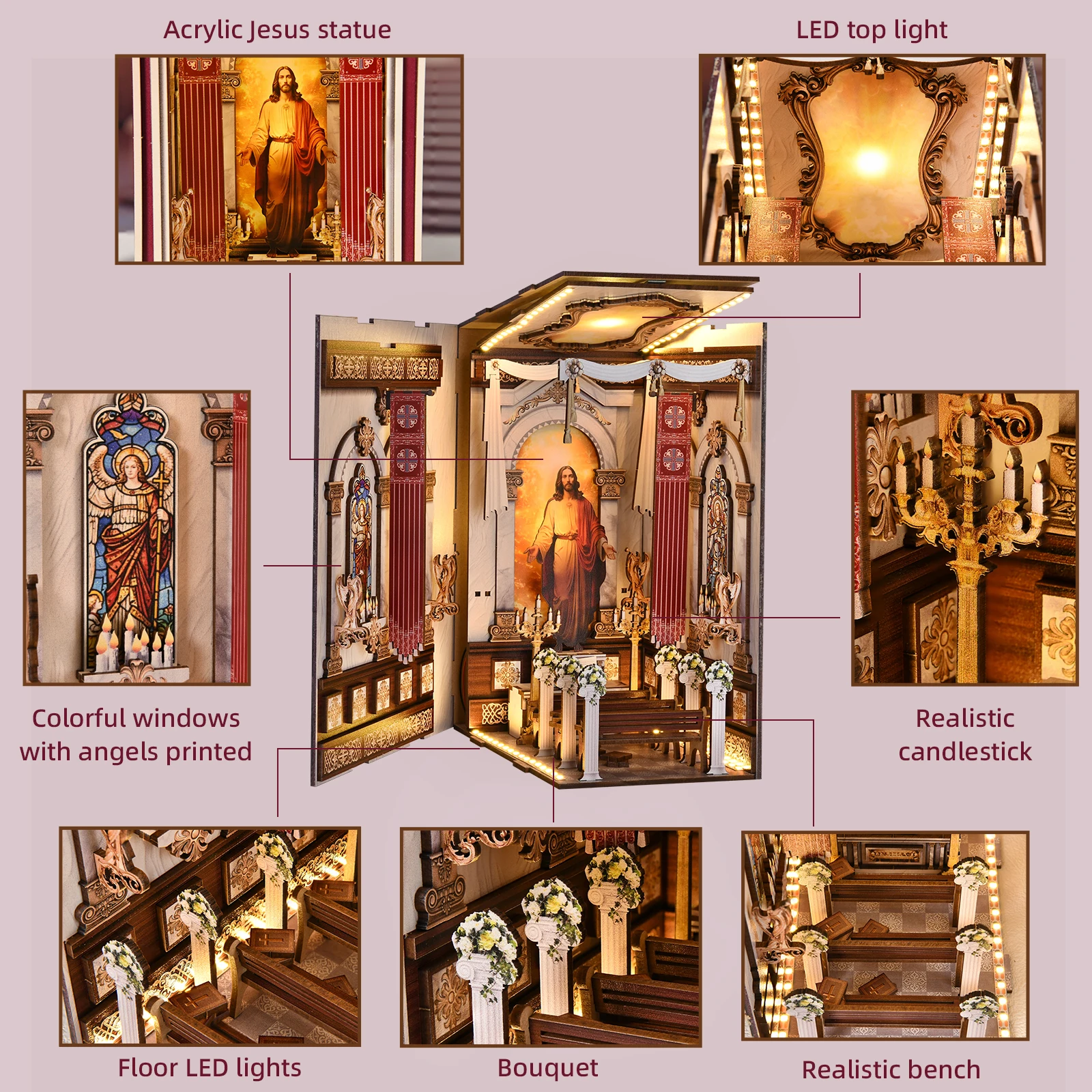 DIY Book Nook Cathedral 3D Wooden Puzzle Bookend Kit with Light Effect DIY Book Nook Cathedral 3D Wooden Puzzle Bookend Kit with Light Effect - Image 4