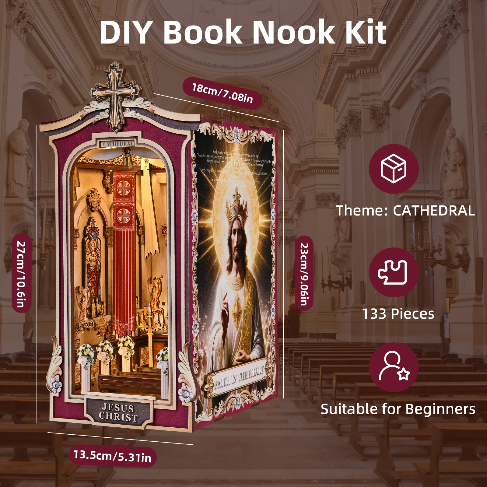 DIY Book Nook Cathedral 3D Wooden Puzzle Bookend Kit with Light Effect DIY Book Nook Cathedral 3D Wooden Puzzle Bookend Kit with Light Effect - Image 2