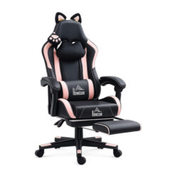 Pink and Black Gaming Chair with Footrest and Cat Ears – Reclining Ergonomic Office Chair