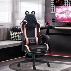 Pink and Black Gaming Chair with Footrest and Cat Ears – Reclining Ergonomic Office Chair