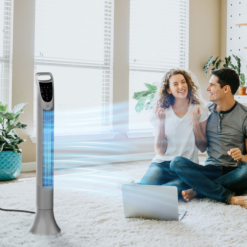 Alternative view of Silver Tower Fan with Remote Control – 3 Speed Oscillating Cooling Fan with Timer