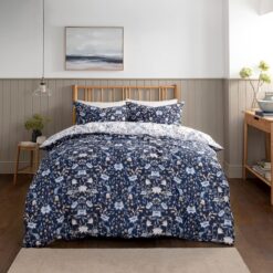Blue Floral Damask Double Duvet Cover Set – Reversible Bedding Set