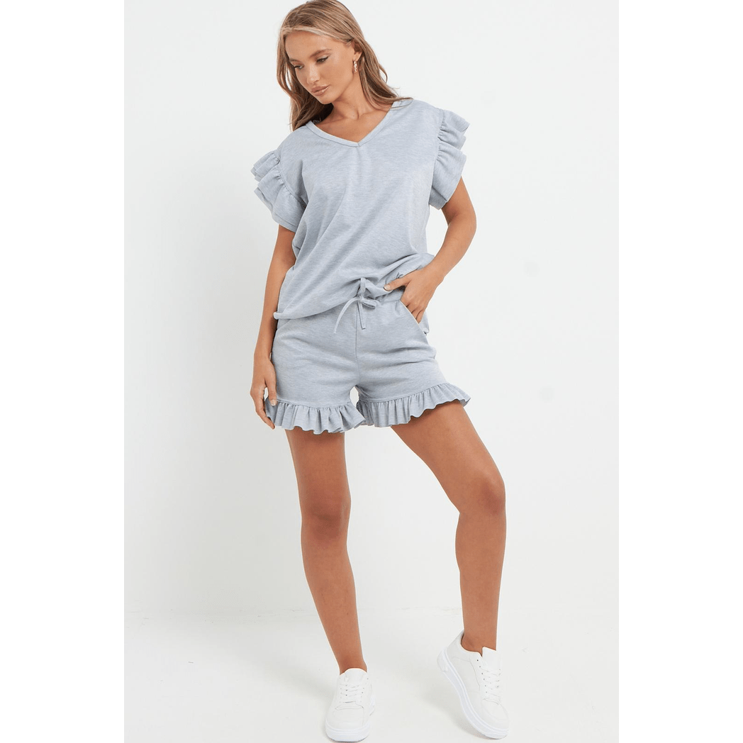 Ladies V Neck Frill Peplum Sleeve Top & Shorts 2 Piece Set Ladies V Neck Frill Peplum Sleeve Top & Shorts 2 Piece Set - Image 3